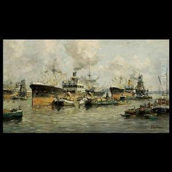 Kaufman.californian . View Of A 
Busy Port. Oil On Canvas. 10 X17 3/4 Inches. Signed Lower Right: F. 
Kaufman Oil Painting by Ferdinand Kaufmann