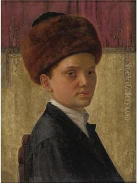 Portrait Of A Yeshiva Boy Wearing A Streimel, In Front Of A Torah Ark Curtain Oil Painting by Isidor Kaufmann