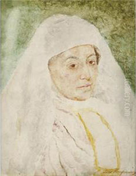 Portrait Of A Woman With White Scarf Oil Painting by Isidor Kaufmann