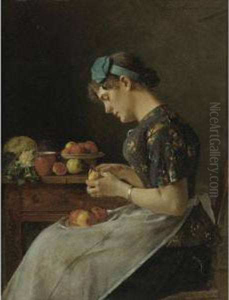 Young Woman Peeling Apples Oil Painting by Isidor Kaufmann