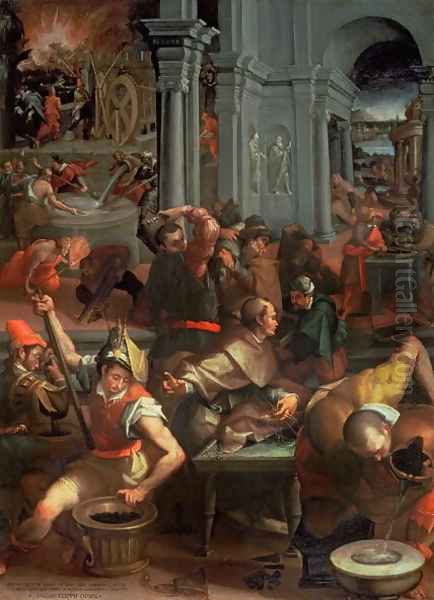 The Invention of Gunpowder in 1313, 1572 Oil Painting by Jacopo Coppi