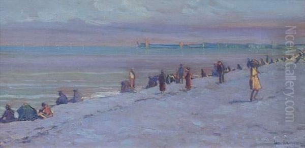 La Plage A Dieppe (1921) Oil Painting by Leon Kaufmann