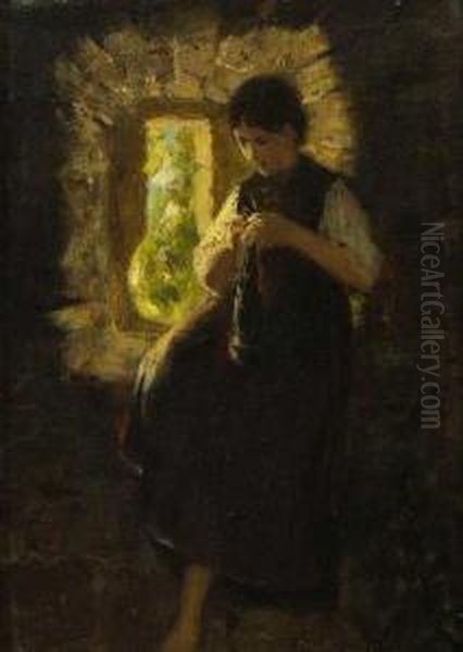 Strickendes Dirndl Am Fenster. Oil Painting by Hermann Kaulbach