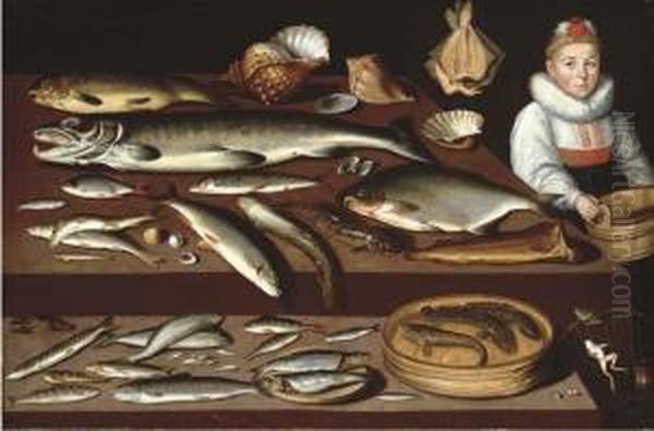 A Table Laden With A Salmon, 
Cod, A Blond Ray, Pike, Herring And Other Fish And Shells With A Girl 
Holding A Wooden Pail Oil Painting by Albrecht Kauw