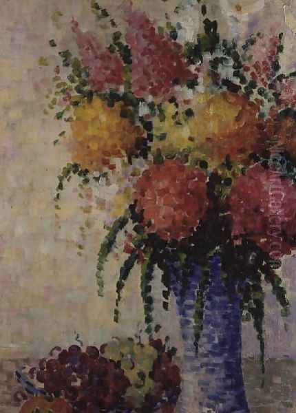 Fruit and Flowers in a Blue Vase c.1910 Oil Painting by Lucie Cousturier