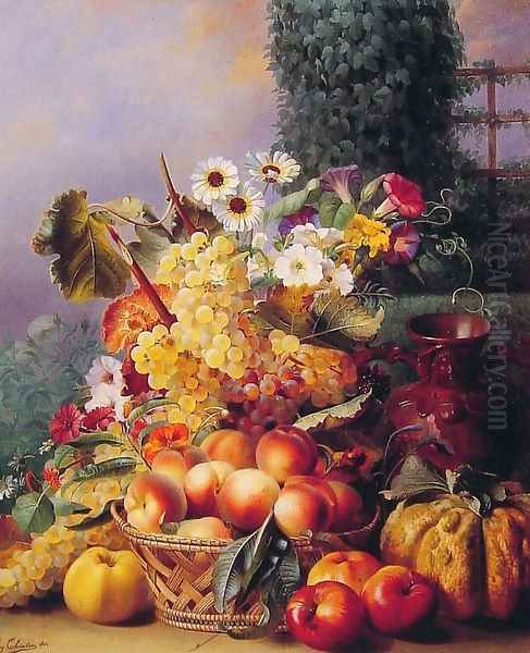 Still Life of Flowers and Fruits I Oil Painting by Eugene-Adolphe Chevalier