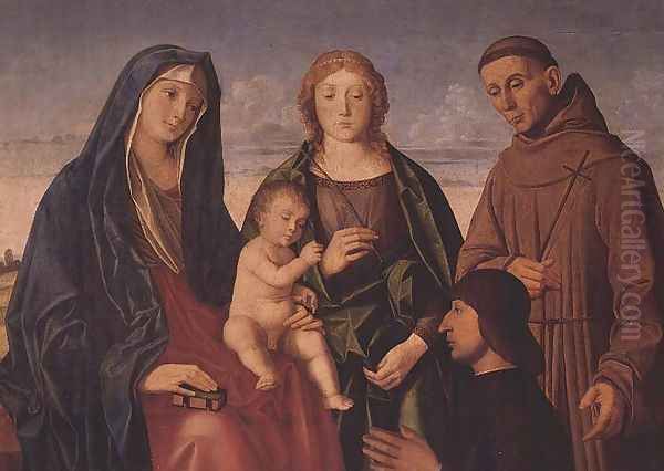 The Virgin and Child with St. Francis, a Female Saint and Donor Oil Painting by Vincenzo di Biagio Catena