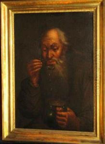 Old Man Eating From A Pot Oil Painting by Bernhard Keil