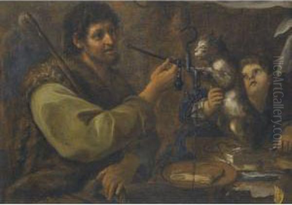 A Shepherd Weighing A Slice Of Ham, Beside A Cat And A Youngboy Oil Painting by Bernhard Keil