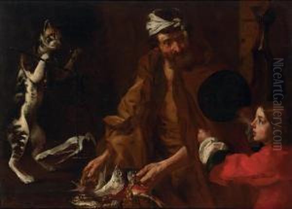 Fishmonger, A Boy And A Cat Weighing Ham Oil Painting by Bernhard Keil