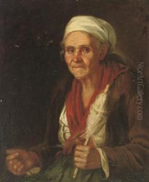 An Old Woman With A Spindle And Thread Oil Painting by Bernhard Keil