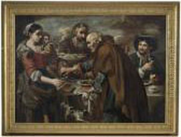 A Roman Street Scene With 
Peasants Eating And Drinking, Possibly Representing The Five Senses Oil Painting by Bernhard Keil