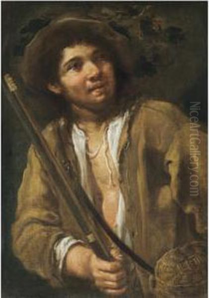 A Young Hunter, Half Length, Holding A Musket And A Basket Oil Painting by Bernhard Keil