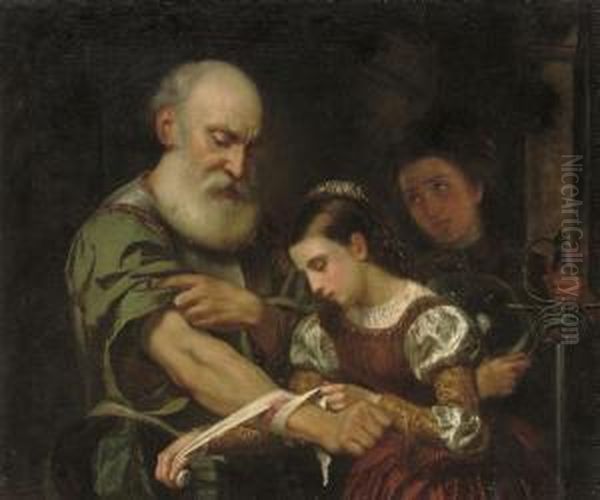 A Young Girl Binding The Wound Of An Old Man Oil Painting by Bernhard Keil