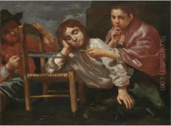 Two Children Playing A Practical Joke On A Sleeping Boy Oil Painting by Bernhard Keil