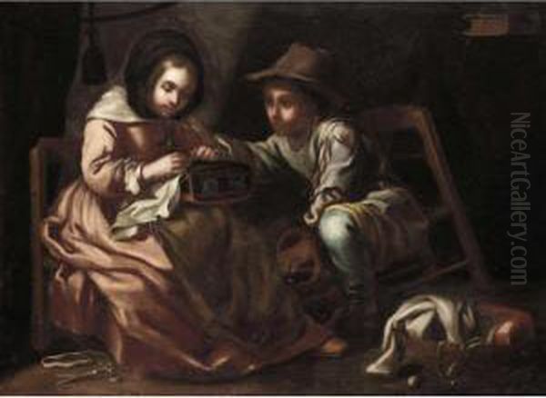 An Interior With A Young 
Seamstress Together With A Young Boy Carrying A Brazier, Possibly An 
Allegory Of Winter Oil Painting by Bernhard Keil