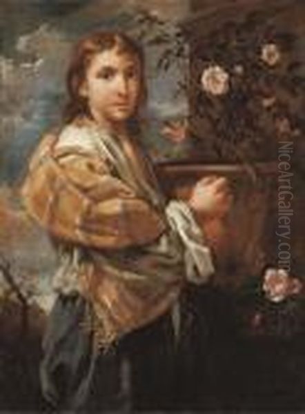 A Young Man With A Pot Of Roses Oil Painting by Bernhard Keil