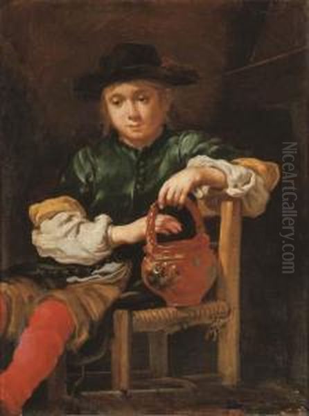 A Boy Seated Holding A Red Pot With His Left Hand Oil Painting by Bernhard Keil