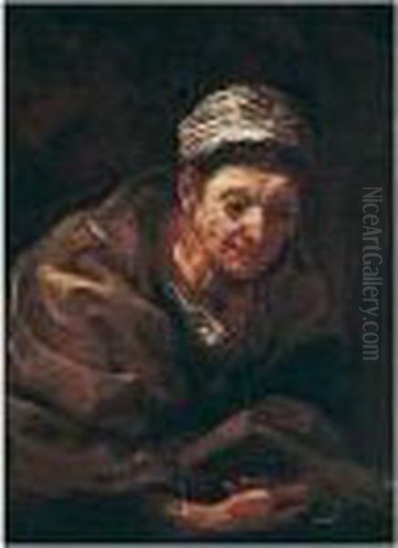 Study Of An Old Woman, Holding A Book Oil Painting by Bernhard Keil