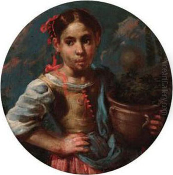 An Allegory Of Summer (?): A Girl Holding An Earthenware Pot Withflowers Oil Painting by Bernhard Keil