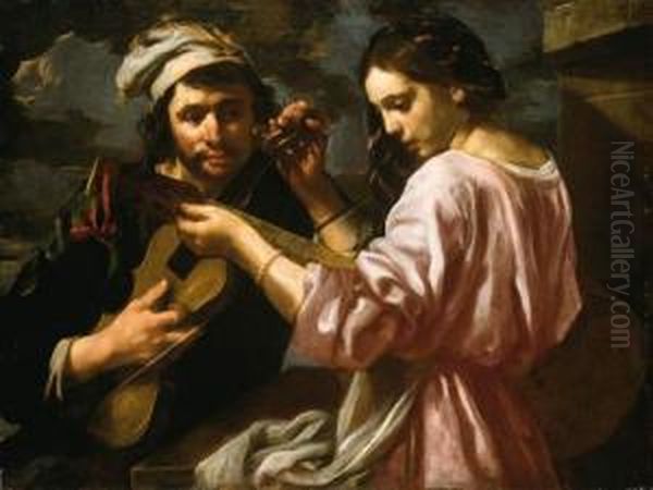 A Young Man And A Girl Tuning Musical Instruments Oil Painting by Bernhard Keil