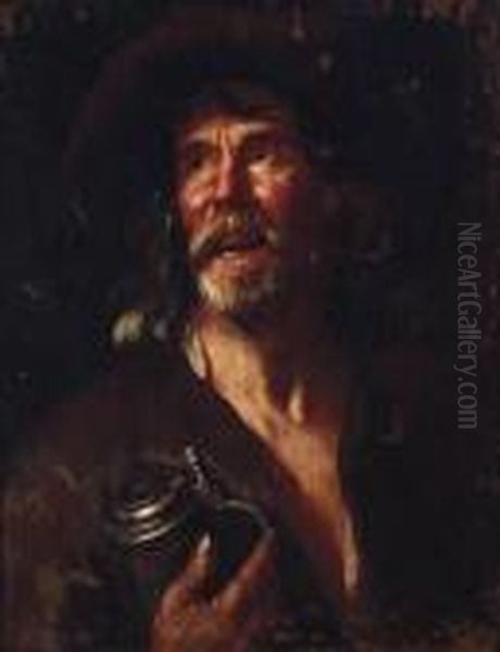 A Boor, Bust-length, Holding A Tankard Oil Painting by Bernhard Keil