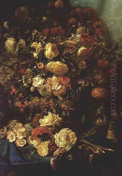 Still Life of Flowers on a Ledge with Birds Nest, 1884 Oil Painting by Pierre-Louis-Joseph de Coninck