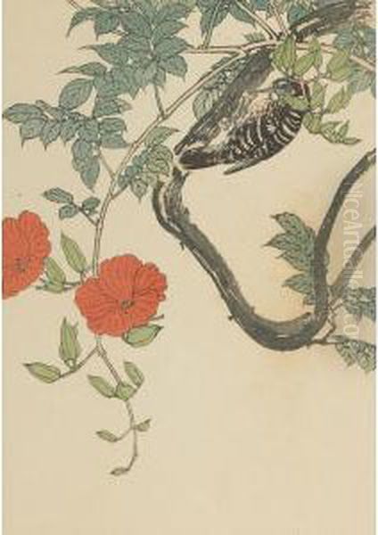 Woodpecker On Blossoming Vine Oil Painting by Imao Keinen