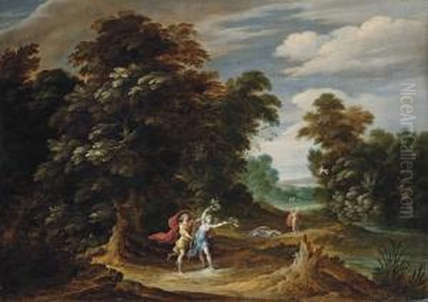 A Wooded Landscape With Scenes From The Story Of Apollo And Daphne Oil Painting by Alexander Keirincx