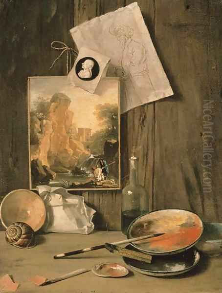 A trompe l'oeil still life of the artist's studio Oil Painting by Antonio Cioci or Ciocchi