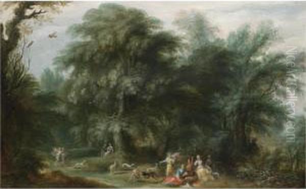 A Wooded Landscape With Diana And Her Nymphs Hunting Oil Painting by Alexander Keirincx