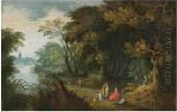 A Wooded River Landscape With Travellers Resting In The Foreground, A Church Beyond Oil Painting by Alexander Keirincx