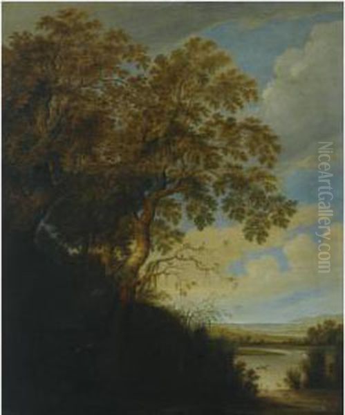 A Wooded River Landscape With 
Ducks Swimming In The Foreground, An Owl, A Hoopoe And Other Birds In 
The Tree Oil Painting by Alexander Keirincx