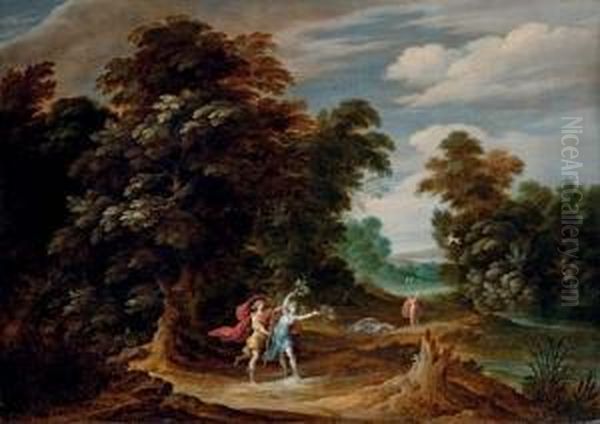 A Wooded Landscape With Scenes From The Story Of Apollo And Daphne Oil Painting by Alexander Keirincx