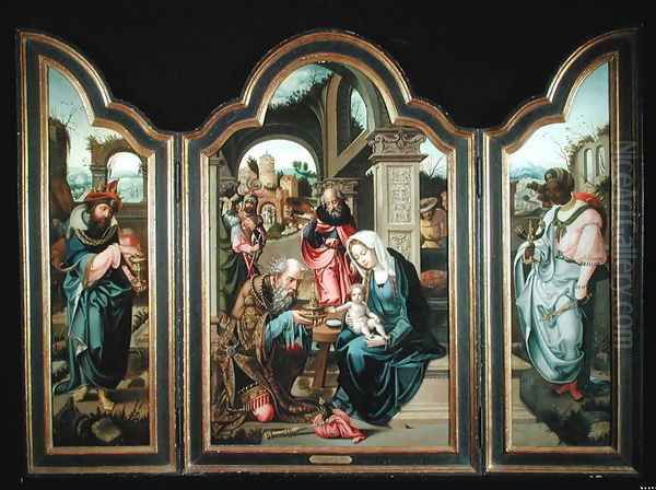 Triptych depicting the Adoration of the Magi, c.1600 Oil Painting by Follower of Pieter Coeck van Aelst