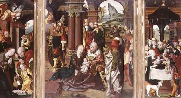 Triptych:The Adoration of the Magi (central panel), The Nativity (LH panel), The Presentation in the Temple (RH panel) Oil Painting by Follower of Pieter Coeck van Aelst