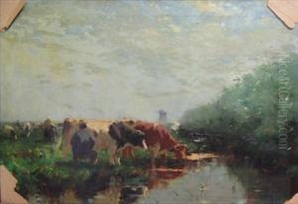 Cows Watering Oil Painting by William Castle Keith