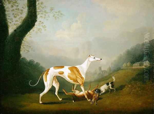 Greyhound with a Spaniel Puppy and Dead Hare Oil Painting by Daniel Clowes