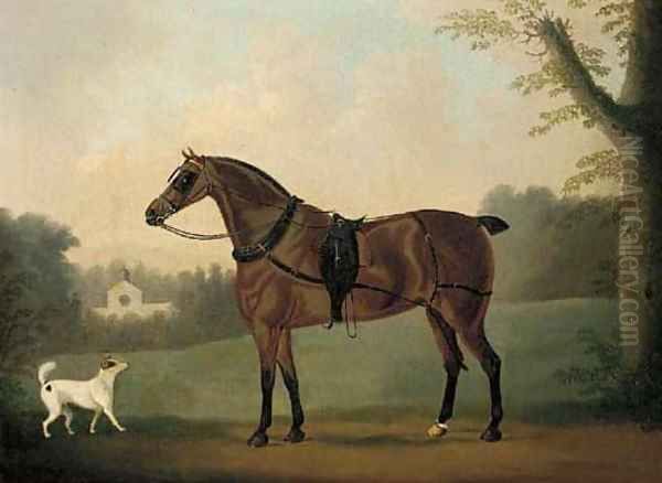 A liver chestnut carriage horse and a terrier in a park, a stable beyond Oil Painting by Daniel Clowes