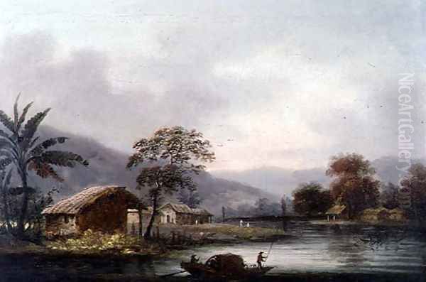 Figures Guiding a Sampan Round a Bend in a River, Past a Village Oil Painting by George Chinnery