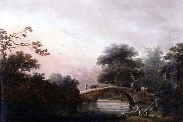 Drovers Guiding Cattle Over a Bridge Oil Painting by George Chinnery