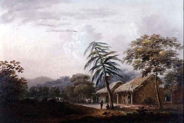 Figures Beneath a Leaning Palm Before a Village Oil Painting by George Chinnery