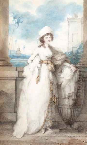 Portrait of a lady, standing on a balcony Oil Painting by George Chinnery