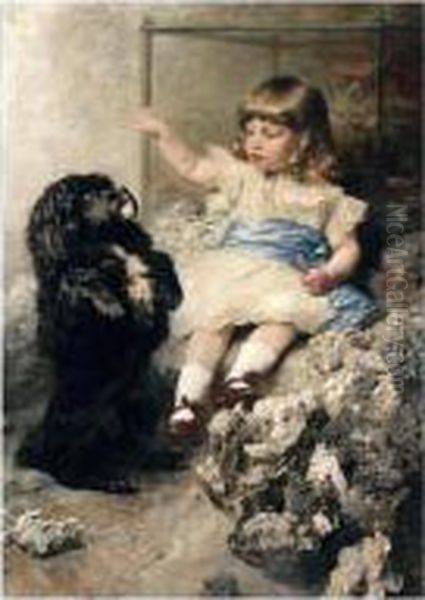 ``mach Mannchen!' (``give Me Your Paw!') Oil Painting by Ferdinand Keller