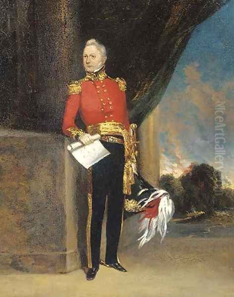 Portrait of an officer, small full-length, in uniform, holding the plan to a fort, a landscape beyond Oil Painting by George Chinnery