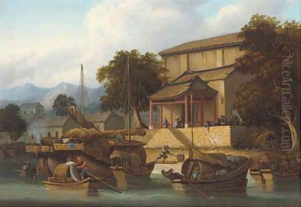 Sampans and junks on a Chinese river Oil Painting by George Chinnery