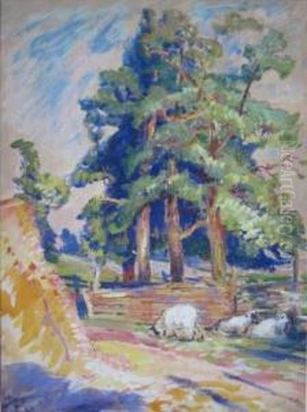 Landscape With Three Sheep Oil Painting by Henry George Keller