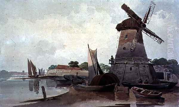 View on the Thames, with Windmill and Boats Oil Painting by Charles Calvert