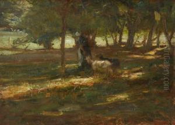 Wooded Landscape With Woman Herding Two Goats Oil Painting by Henry George Keller