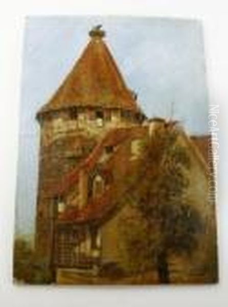 Malerische Architekturstudie 
Eines Alten Stadtturms Mit Bekronendem Storchennest Und Seitlichem 
Fachwerkhausanbau In Einer Suddeutschen Kleinstadt Oil Painting by Paul-Wilhelm Keller-Reutlingen